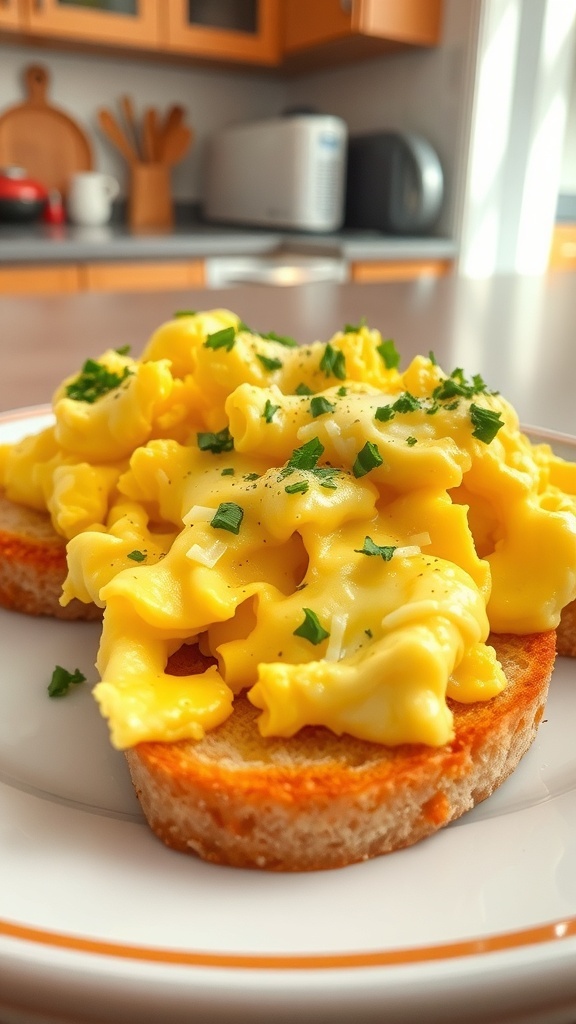 Egg and Cheese Breakfast Bread Toasted bread topped with scrambled eggs and melted cheese on a plate.